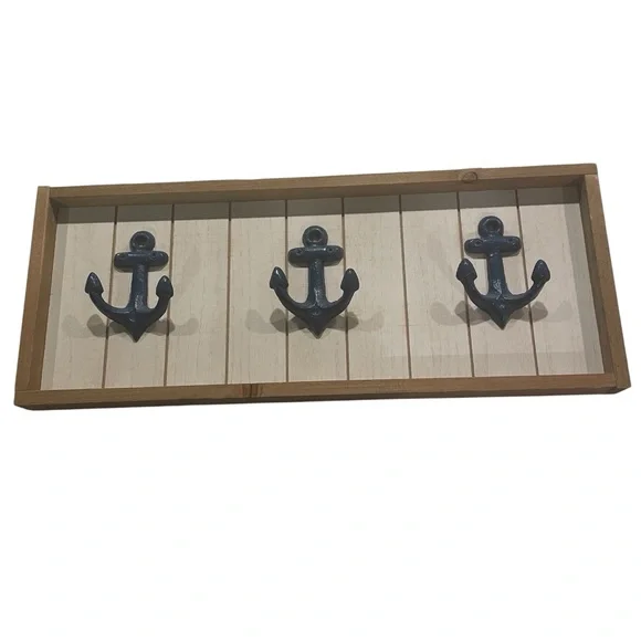 Nautical Themed Anchor Hook Wall Decor Blue Metal Anchors Wood Frame - Picture 1 of 8
